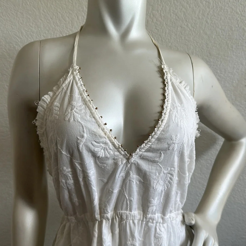 ZARA | Embroidered Open Back Halter Dress White Tassels Gold Beads Size Medium - Picture 9 of 12